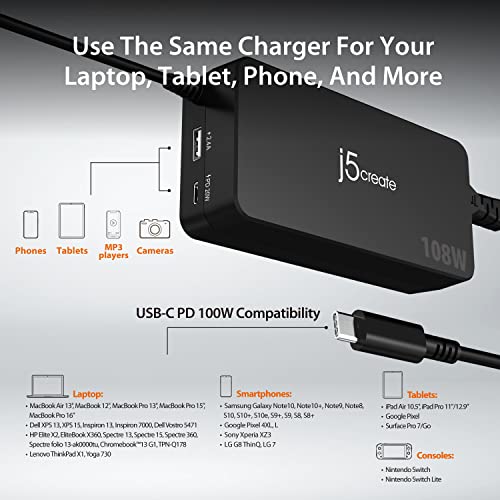 j5create 108W USB Type C PD Laptop Super Charger | For Laptops, , Tablets, Macbooks, Android, iPhone, iPad Pro, Smart Phone (JUP34108)