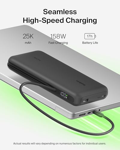 Belkin Portable Charger 25K, Power Bank with Integrated USB C Cable, 158W - Fast Charging Laptop Portable Battery Pack for MacBook Pro 14, iPhone 17 Series, iPad Pro, Galaxy S26, & More - Black