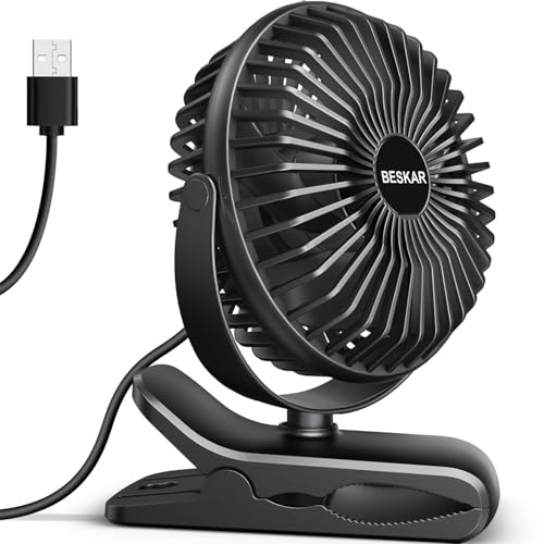 BESKAR USB Clip on Fan, Portable Small Desk Fan with Cord Powered | 3 Speeds Strong Airflow, Sturdy Clamp, Ultra Quiet Personal Cooling Fan for Office Dorm Bedroom Stroller - color: Dark Black