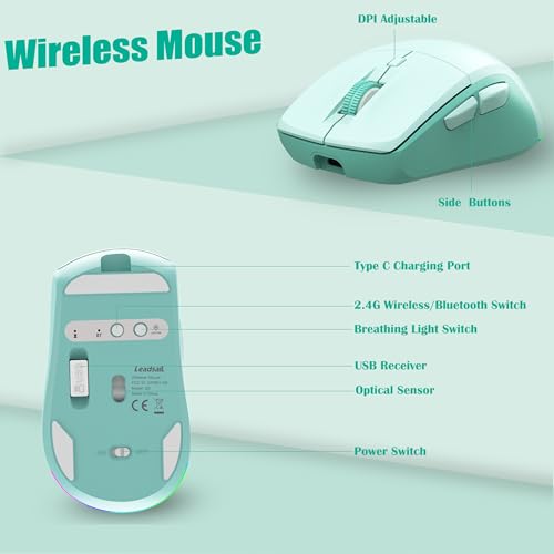 LeadsaiL Bluetooth Wireless Mouse, Rechargeable Dual Mode Computer Mouse with Side Buttons, Ergonomic Design, Silent Click, Adjustable DPI 800-4000, Compatible with MacBook, Windows Computers/Laptop