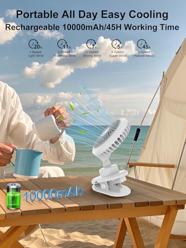 10000mAh Oscillating Desk Clip on Fan,USB Rechargeable,Portable Small Personal Fans,6-Inch Quiet,5Speed Strong Wind,Sturdy Clip,for Office/Bedroom/Room/Camping/Travel/Tent/Stroller.White