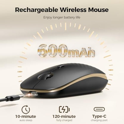 TECKNET Rechargeable Slim Portable Silent Computer 2.4 GHz Wireless Mouse | Lightweight Ambidextrous with Nano Receiver, 4000 DPI Optical Tracking 90-Day Battery Life, Compatible with PC, Mac, Laptop - color: Black gold