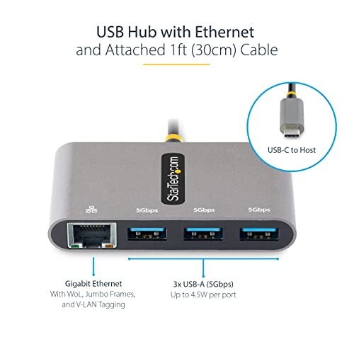 StarTech 3-Port USB-C Hub with Gigabit Ethernet, 5Gbps, USB-A Splitter | 3x USB-A splitter, Wired networking, Windows, macOS, Linux, iPadOS, ChromeOS, Android, MAC address changer