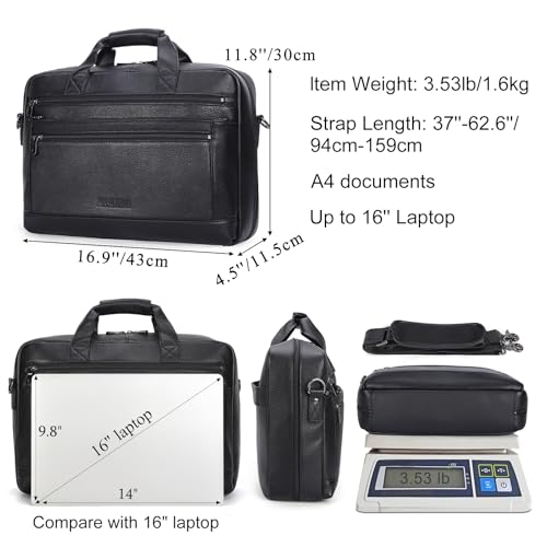 Masa Kawa Men’s Leather Briefcase for 16" Laptop Waterproof Crossbody Shoulder Messenger Bag Business Travel Work Computer Attache Case, Black