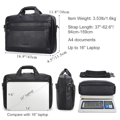Masa Kawa Men’s Leather Briefcase for 16" Laptop Waterproof Crossbody Shoulder Messenger Bag Business Travel Work Computer Attache Case, Black