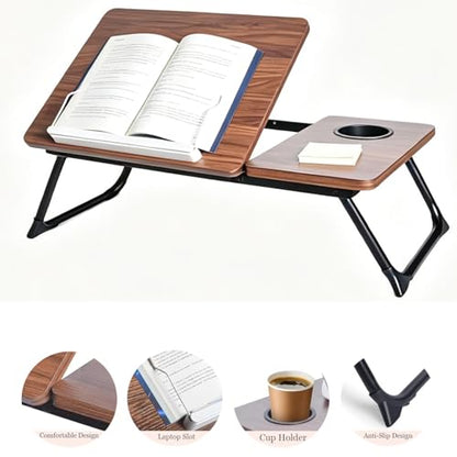 Adjustable Laptop Desk for Bed and Couch, Foldable Portable Lap Desk for Adults, Multi-Angle Bed Table Tray for Laptop and Writing, Lap Stand with Foldout Legs for Reading & Breakfast-Walnut Brown