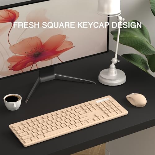 MPTOG Wireless Keyboard and Mouse Combo, Full-Size 104-Key Office Keyboard with 15 Function Keys, Numeric Keypad, Single USB Receiver, Compatible with PC and Laptop(Milk-Tea Only) - color: Milk-Tea Only