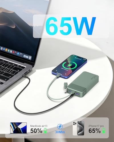 NOBIS Power Bank 20000mAh 65W Laptop Portable Charger | Battery Pack with attached USBC Cable 2 USB-C & 2 USB-A Ports, for Laptop,Pad,tablet,Phone 17/16/15/14,S26 - color: Green