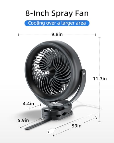 ATEngeus 20000mAh Misting Fan with Clip, 8'' Portable Clip on Fan Battery Operated, 3 Speeds, 3 Mist Modes, Hook, Silicone strap, Max 90H Runtime for Golf Cart, Canopy, Camping Essentials