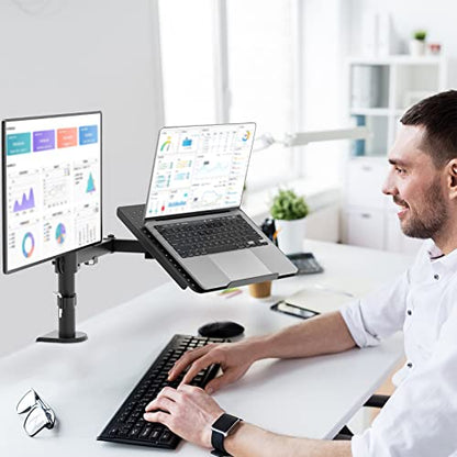 WALI Dual Arm Laptop and Monitor Desk Mount for 17" Notebook and Up to 27" Screen, Fully Adjustable Monitor Arm with Laptop Tray, VESA 75x75 100x100, Holds up to 22 lbs, Black (M001LP) - size: Dual, style: Fully Adjustable Desk Mount