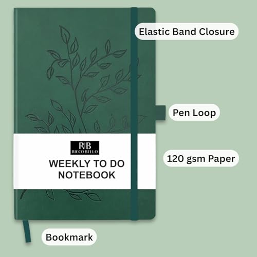 RICCO BELLO Undated Weekly Planner To Do Notebook, Green Leaves, 5.7x8.4" | Faux Leather Hardcover, Pen Holder, Bookmark & Band Closure, Storage Pocket, For Work, School, Home - color: Green Leaves