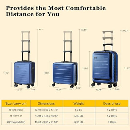 CENSIEN 16 Inch Underseat Carry On Luggage Airline Approved, Expandable Lightweight ABS+PC Hard Shell Suitcases with 360° Spinner Wheels, TSA Lock, YKK Zipper, for Business Weekender (Blue, 1 PC) - color: Navy Blue, size: Underseat - 16 Inch - EXT