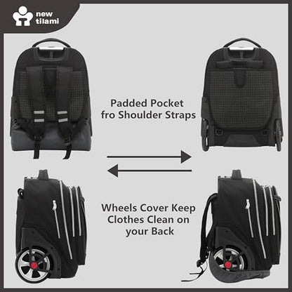 NEW TILAMI 20 Inch Rolling Backpack for School Stair-Climbing Big Wheel | Teen Boys Girls Carry-on Suitcase Large Organizer Compartment 15.6 Laptop Sleeve Adjustable Handle Roller Travel Bag College - color: Black