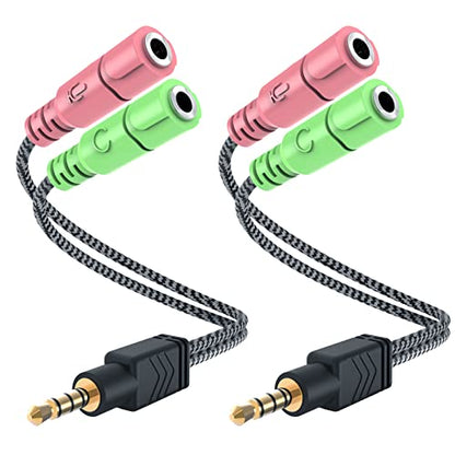 Headphone Mic Splitter 2 Pack 3.5mm Headset Adapter for Computer | 2-TRS Female to TRRS Male CTIA Stereo Audio Mic Jack Y Splitter for Dual-Plug Game Headset to Xbox, PS4, Phone, Laptop, PC - size: 2 Pack / 0.6 Feet