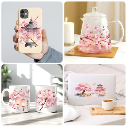 Peacoblue UV DTF Cup Wraps Transfer Stickers Cherry Blossom Pattern, 10 Sheets Waterproof Custom Vinyl Transfer Sticker 16oz Coffee Glass Cup Tumbler Bottle Mug Decals for Men Women - style: Cherry Blossom