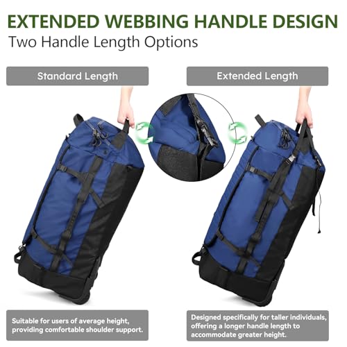 Vomgomfom 86L Collapsible Wheeled Duffle Bag Waterproof, Navy | Detachable Backpack Straps, Padded Laptop Sleeve, Quilted Reinforced Base, U-Shape Mesh Pocket, Shoe Compartment - color: Navy