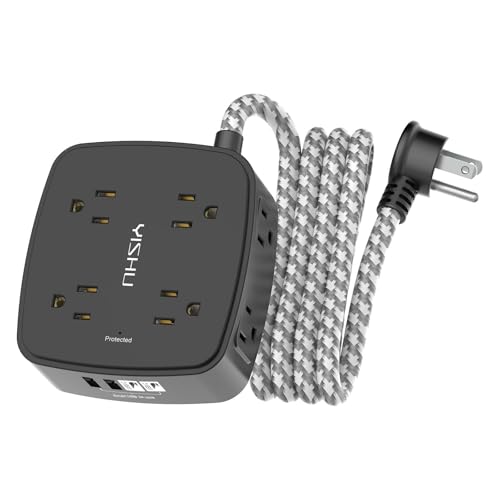 Surge Protector Power Strip - YISHU 8 Outlets with 4 USB (2 USB C) Charging Ports, 6Ft Braided Extension Cord, Flat Plug Multi Plug Outlet Extender Charging Station for Home Office, ETL, Black - color: Black(Braided), size: 6 Ft