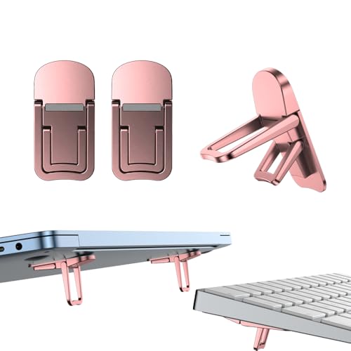 2PCS Metal Mini Foldable Laptop Stand, Portable Computer Keyboard Riser with 2 Adjustable Angles, Self-Adhesive Invisible Notebook Stand and Keyboard Lift for Desk (Pink) - color: Pink