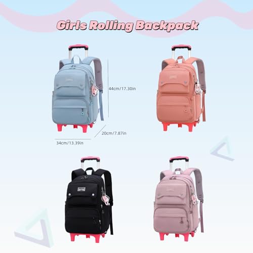 Solid Color Girls Rolling Backpack with Wheels Schoolbag Elementary School Student Trolley Daypack - color: A-black - Two Wheels, size: 2 Wheels