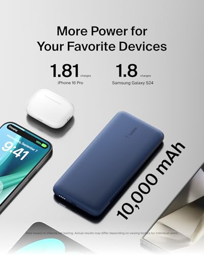 Belkin Portable Charger Power Bank for iPhone/Android (10,000mAh), 23W Battery Pack with Integrated USB-C, Lightning Cables, Pass-Through Capability, Charge 2 Devices at Once, Phone Charger Power Bank - color: Blue
