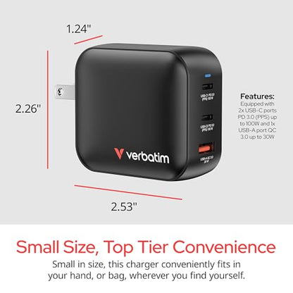 Verbatim Mini GaN Wall Charger 100W 3 Port 2X USB-C Ports PD 3.0 (PPS) up to 100W 1x USB-A Port QC 3.0 up to 30W - size: 3 Ports, style: 100W