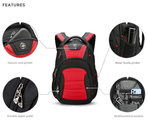 Swissdigital Design Men's Laptop Backpack for College and Business Travel with Integrated USB Charging Port and RFID Protection Fits 15.6" Laptops Black/Red | J14-41 - color: Black/Red