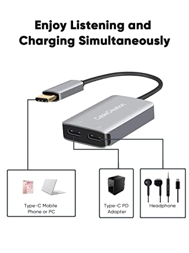 CableCreation USB Type C Splitter, 2-in-1 USB C Audio Adapter and PD Fast Charging, Type C Aux Dongle Compatible with iPad, MacBook, iPhone 16 15 Pro Max Plus, Galaxy S24/S23/S22+, Pixel 9/8/7+, Grey - style: USB C+USB C Audio (with tail)