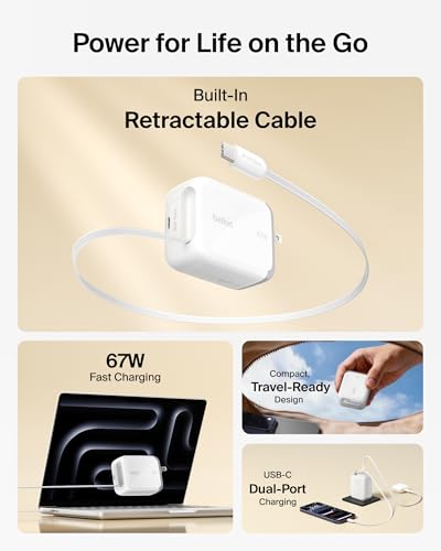 Belkin USB C Retractable Wall Charger, 67W Max GaN Fast Charging Block w/Built-in, Extra-Long 3.3ft Retractable Cable - iPhone Charger for iPhone 17/16 Series, Galaxy, MacBook, AirPods, iPad, & More - color: White, style: 67W