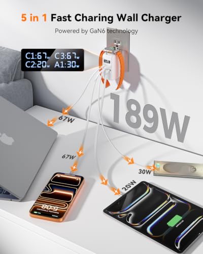 SUPERONE 67W Fast Retractable USB C Charger with Dual Braided Cables | 5 in 1 Retractable Wall Charger, 4-Port Charger Block Travel Essentials for iPhone 17/16/15/14/13/12,iPad,Galaxy, iWatch - color: Matt White