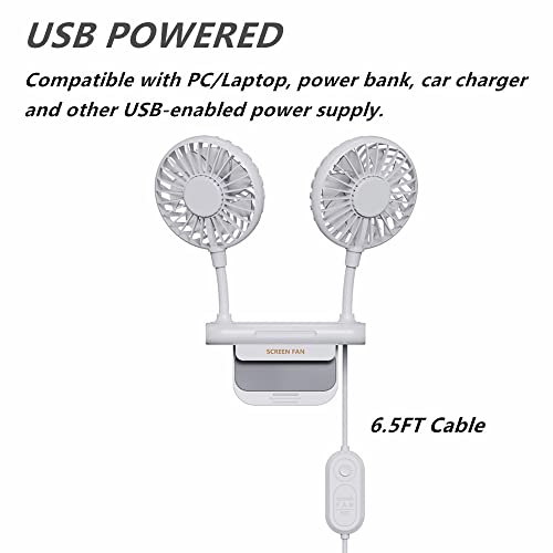 Monitor Fan with 2 Rotatable Heads, 3 Speeds, Sturdy Clamp, USB Powered Cooling Fan for Office Desk & Laptop. - color: White
