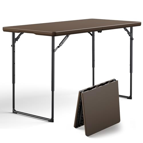 Folding Table 4FT Heavy Duty Plastic Table with Handle, Foldable&Portable, Fold-in-Half Utility Tables for Outdoor, Dining, Wedding, Events, Indoor, Picnic, Camping, Party, Brown - color: Brown, size: 4FT