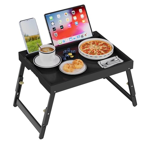 Artmeer Adjustable Bamboo Bed Tray Table with Device Slot, Large, Black | Adjustable FSC-certified bamboo bed tray with device slot, folding legs and handles for meals, laptops and reading in bed. - color: Black, size: Large Adjustable