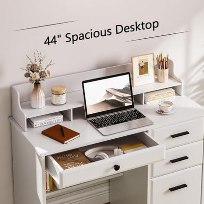 4 EVER WINNER White Desk with Drawers, 44 Inch Small Computer Desk with File Drawer and Monitor Stand, Wood Desk with Storage Shelf for Small Spaces, Living Room, Bedroom, White - color: Pure White