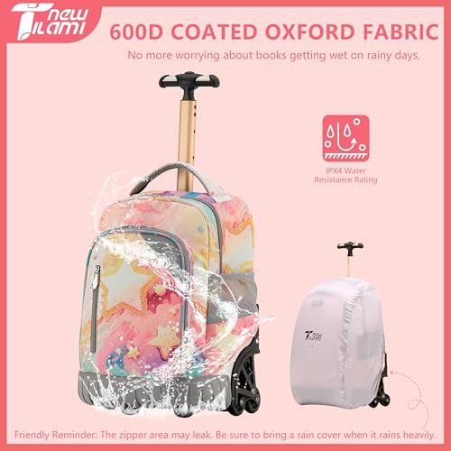 NEW TILAMI 16 Inch Rolling Backpack with Lunch Bag for Girls Boys School | 6-Wheel Stair-Climbing Girls Boys Carry-on Suitcase Water-Resistant Adjustable Trolley Handle Wheels School Travel Camping - color: Starry Rainbow