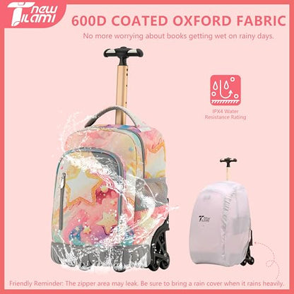 NEW TILAMI 16 Inch Rolling Backpack with Lunch Bag for Girls Boys School | 6-Wheel Stair-Climbing Girls Boys Carry-on Suitcase Water-Resistant Adjustable Trolley Handle Wheels School Travel Camping - color: Starry Rainbow