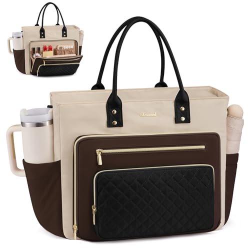 LOVEVOOK Laptop Tote Bag for Women With Large Cup Holder, Work Bags Teacher Nurse Bag, 17.3 Inch Professional Briefcase Business Travel Large Purses Handbag Gifts, Diaper Bag With Multi-Pockets - color: Coffee-apricot-black, size: 17.3 inch