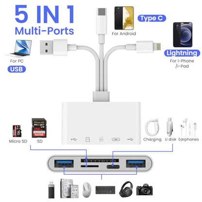 5-in-1 Memory Card Reader, USB OTG Adapter & SD Card Reader for iPhone iPad Mac USB C and USB A Devices with 5 Slots of PD 60W/Dual USB/TF/SD Card, Camera Adapter Supports SD/Micro SD/SDHC/SDXC/MMC