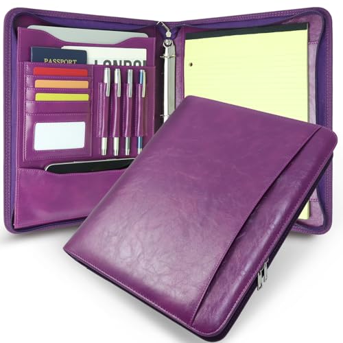 Zippered 3 Ring Portfolio Binder, Padfolio Organizer for Women | Faux leather folder fits Letter/A4 pads and 13.9 in tablet, with card slots, 4 pen loops and phone pocket. - color: Purple, size: Zipper Portfolio(13.7"x11"x1.57")