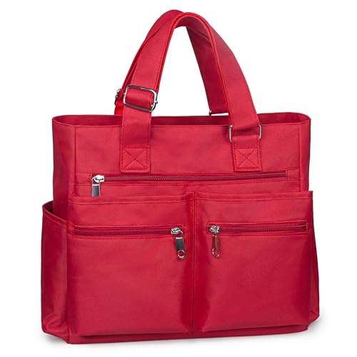 VOLGANIK ROCK Canvas Tote Bag Waterproof Nylon Multi Pocket Shoulder Bags Laptop Work Bag Teacher Purse Handbag for Women Men - color: Red