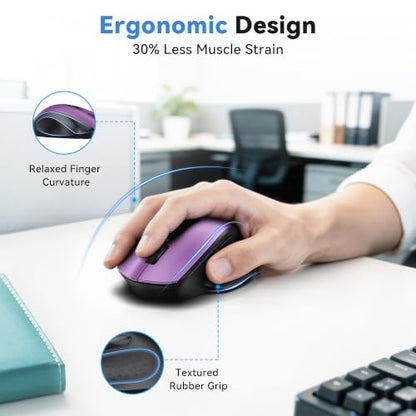 TECKNET Wireless Mouse for Laptop, Dual-Mode Bluetooth Wireless Mouse | (BT5.2/3.0 & 2.4G) Connection, Ergonomic Design, 5-Level DPI, Silent Click, Compatible with Laptop/PC/Windows/Chromebook - color: Purple