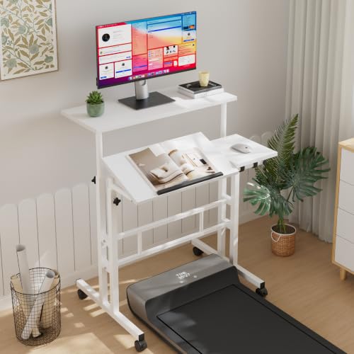 VECELO Mobile Small Standing Desk Adjustable Height, Computer Workstations with Tiltable Tabletop, Lockable Wheels, Portable Rolling Laptop Desk for Home Office, White - color: White