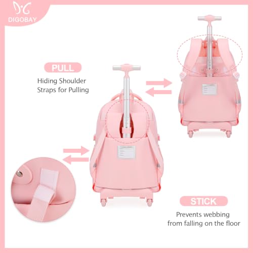 DIGOBAY Rolling Backpack for Girls, Roller Bag with Lunch Box Pencil case | Kawaii Girls Roller Backpack With Wheels School Bookbag With Cute Pins for Elementary Middle School, Pink - color: Pink