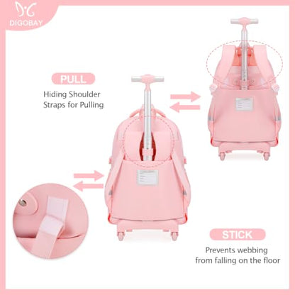 DIGOBAY Rolling Backpack for Girls, Roller Bag with Lunch Box Pencil case | Kawaii Girls Roller Backpack With Wheels School Bookbag With Cute Pins for Elementary Middle School, Pink - color: Pink