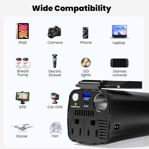 BESTEK 200W Power Inverter, 12V DC to 110V AC Car Plug Adapter Outlet Converter with [30W USB-C]/USB-Fast Charger(18W) / Dual AC Outlets/car Charger for Laptop