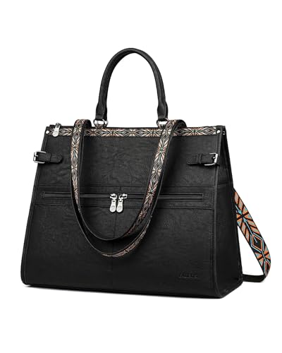 FADEON Laptop Bag for Women Designer PU Leather Large Tote Bags Backpack Purses with 15.6 Laptop Compartment Shoulder Handbag - color: Black