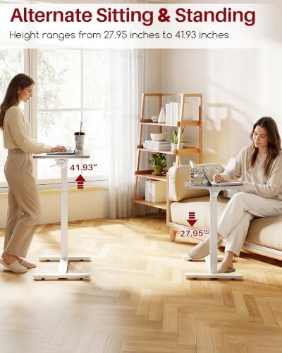 Overbed Bedside Table with Wheels, 27.9-41.3" Pneumatic Height Adjustable | 300° Tilting Desktop Fits Either Side of Bed, Rolling Standing Desk with Hidden Wheels, for Home, Hospital or Bedroom