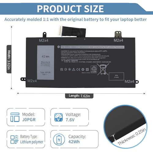 42Wh 7.6V J0PGR Laptop Battery Replacement for Dell Latitude 12 5290 5285 2-in-1 Series Dell Latitude T17G T17G001 T17G002 Series 0J0PGR FTH6F 0FTH6F 0RDYCT RDYCT 1WND8 X16TW 0X16TW FTG78 5250mAh - size: 7 x 2.5 x 0.2 inches J0PGR BATTERY