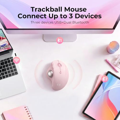 seenda Wireless Trackball Mouse, Ergonomic Bluetooth Rollerball,Rose Pink | USB-C rechargeable, 3-device Bluetooth+2.4G USB, thumb control, 5-level DPI and space-saving comfort for laptop, PC and Mac. - color: Rose Pink