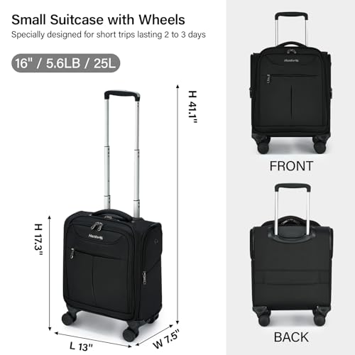 Hanke Underseat Carry On Luggage with Wheels, Lightweight Small Suitcase Airline Approved 16 Inch Softside Personal Item Travel Bag for Women Men, Compact Under Seat Luggage with Spinner Wheels,Black - color: Black