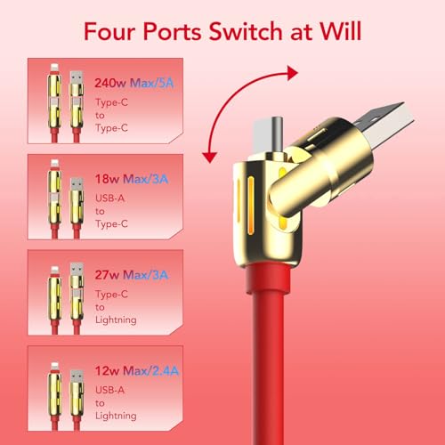 MFish 240W 4-in-1 Charging Cable with Carrying Case, 6.6FT Fast Charger USB-A & USB-C to USB-C/Lightning, for iPhone 17/16/15/14, MacBook, iPad, Samsung S25/S24 (Red, 6.6Ft) - color: Red, size: 6.6Ft